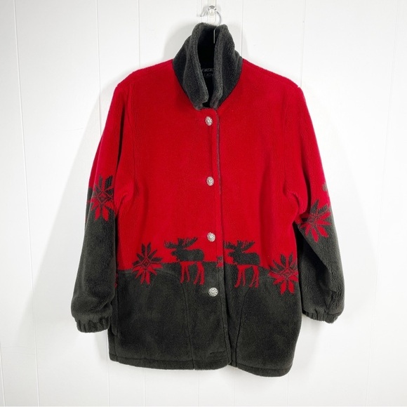 Nordic Lights Red and Black Elk Pattern Button Front Shacket Medium - Picture 1 of 7